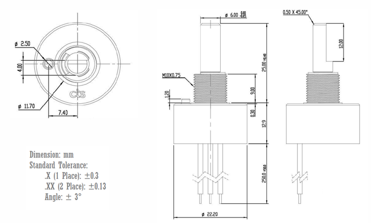 Mechanical Drawing - CTS Electronic Components 285 Series Non-Contacting Position Sensors